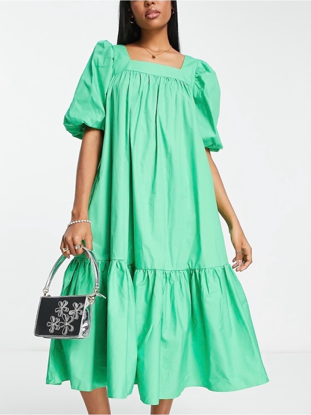 Glamorous oversized square neck midi dress with tiered hem in bright green